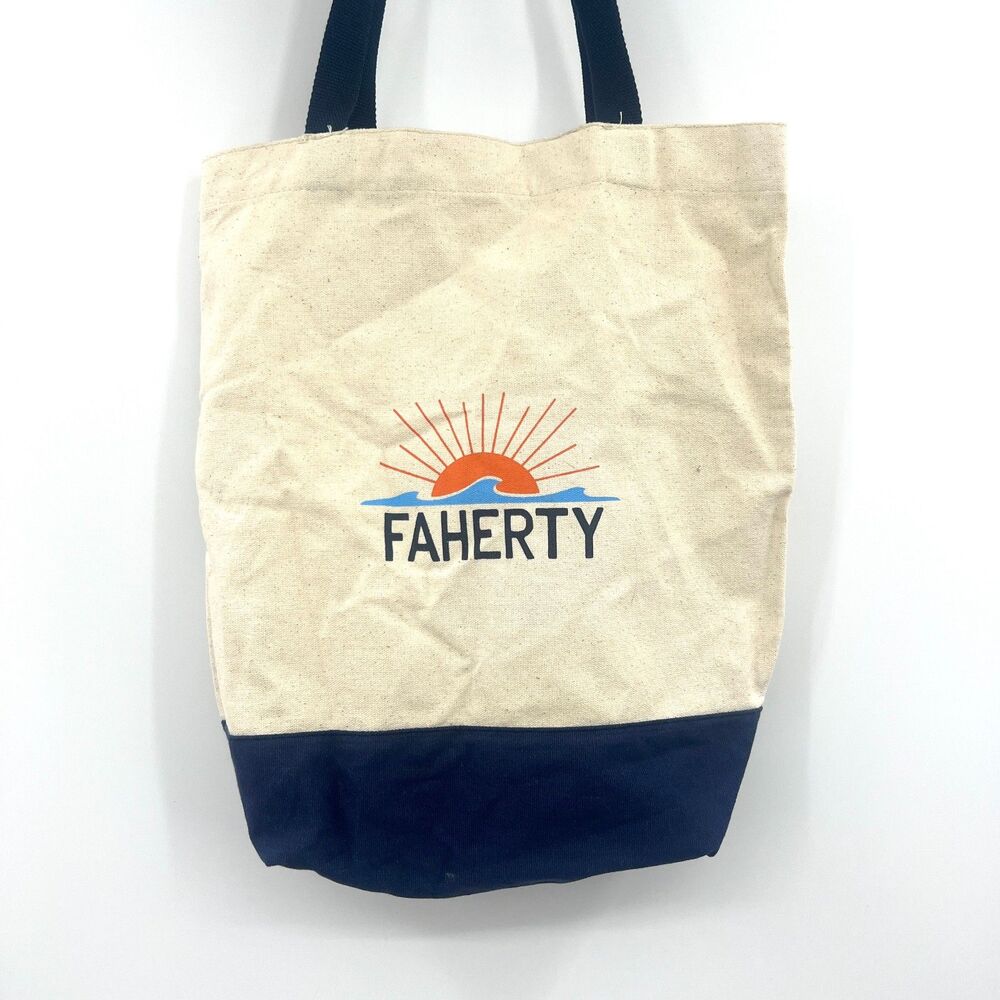 Faherty Canvas Tote Bag Natural Navy Sun Wave Logo Beach Shopping Reusable